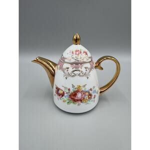 SORELLE Fine Porcelain Coffee Tea Pot Roses Gold Colored Spout Trim Handle 4”